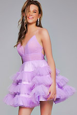 Front view of model wearing Jovani 39656 lilac dress with ruffled skirt.