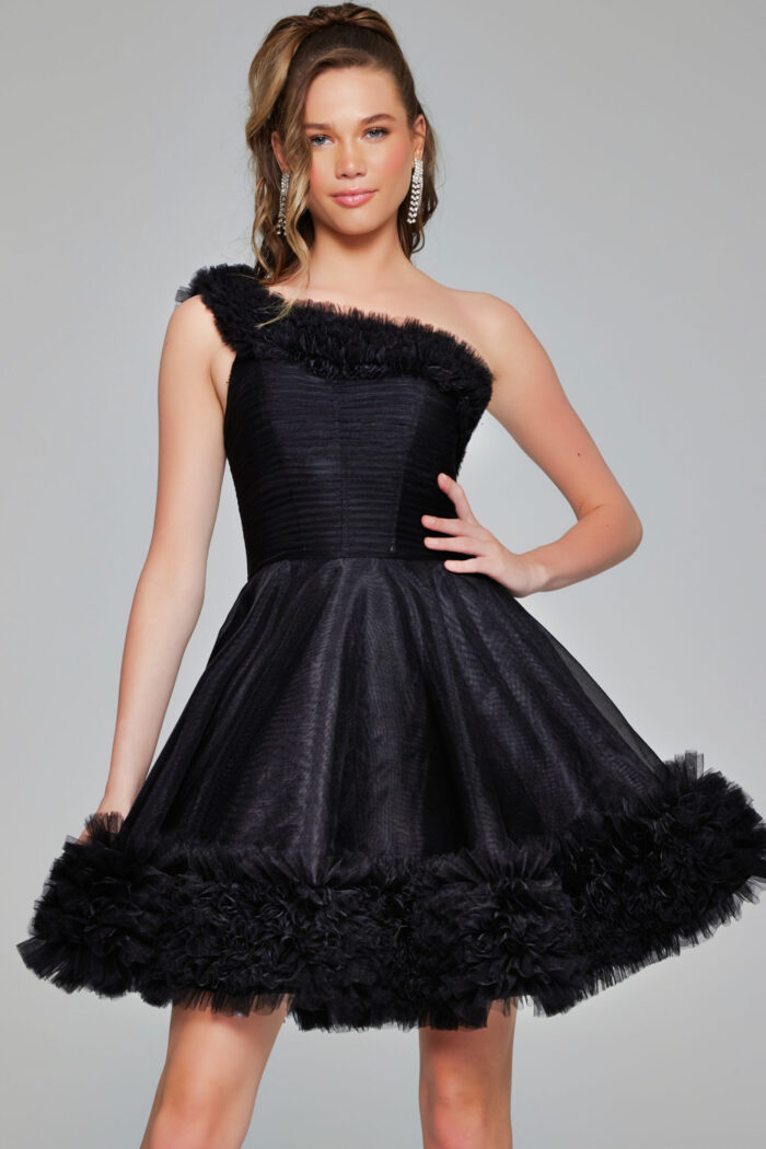 Model wearing Jovani 39665 in black, featuring a one-shoulder neckline and A-line silhouette.