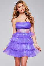 Model wearing Jovani 39666 purple dress, front view.