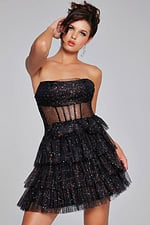 Model wearing Jovani 39666 black dress, front view.
