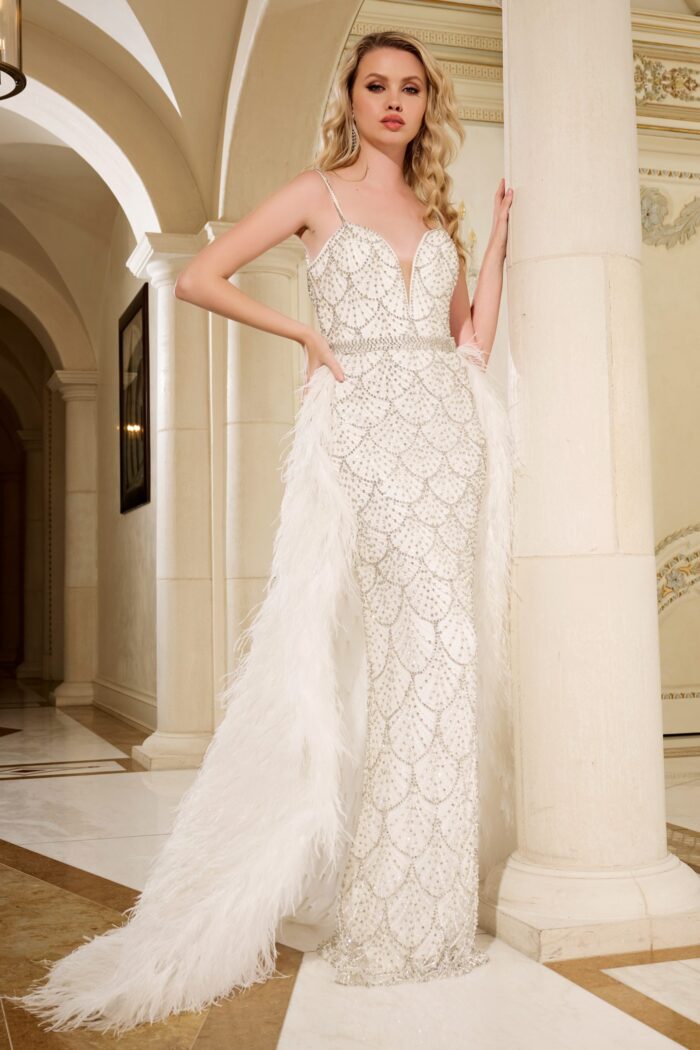 Full-length view of Jovani 39677 white gown with feather detailing and V-neckline.