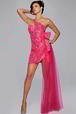 Model wearing Jovani 39705 fuchsia mini dress, front view