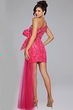 Model wearing Jovani 39705 fuchsia mini dress, back view
