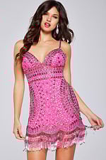 Model wearing Jovani 39706 pink mini dress with V-neckline and fringe hem