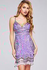 Model wearing Jovani 39706 lilac sequin dress with V-neckline