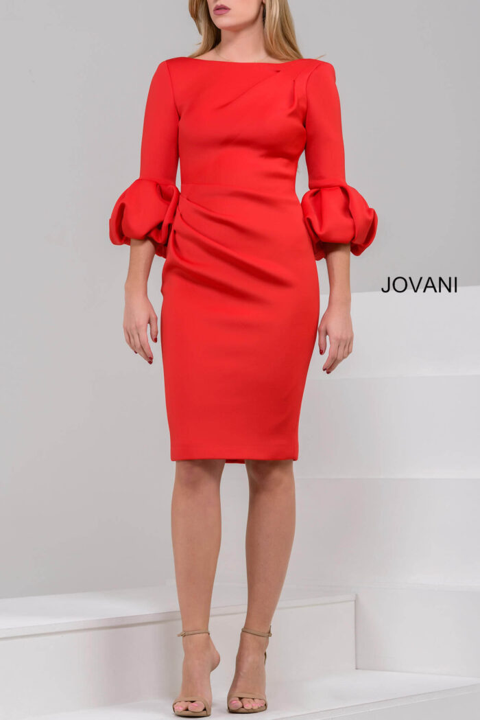 Model wearing Jovani 39738 red dress with elegant puff sleeves and a bateau neckline.