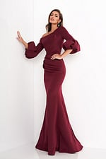 Full-length view of model in Jovani 39739 burgundy gown showcasing elegant silhouette.