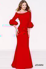 Full-length front view of model in Jovani 39739 burgundy gown.