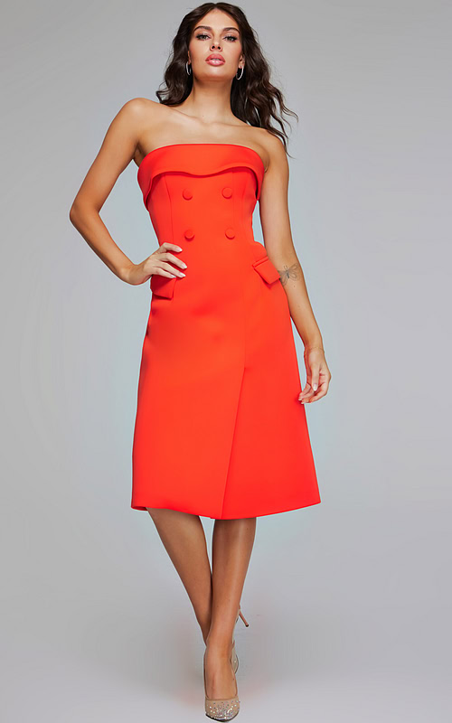 model wearing Jovani 39743 orange dress front view