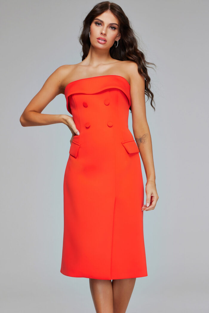 model wearing Jovani 39743 orange dress closeup