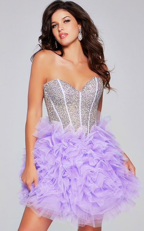 Model wearing Jovani 39748 lilac dress with sequined bodice and tulle skirt, front view