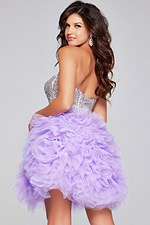Model wearing Jovani 39748 lilac dress, back view showcasing tulle skirt