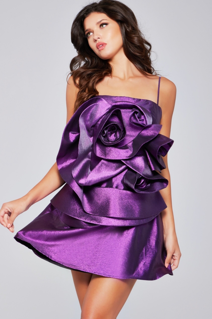 Model featuring Jovani 39749 purple mini dress front view