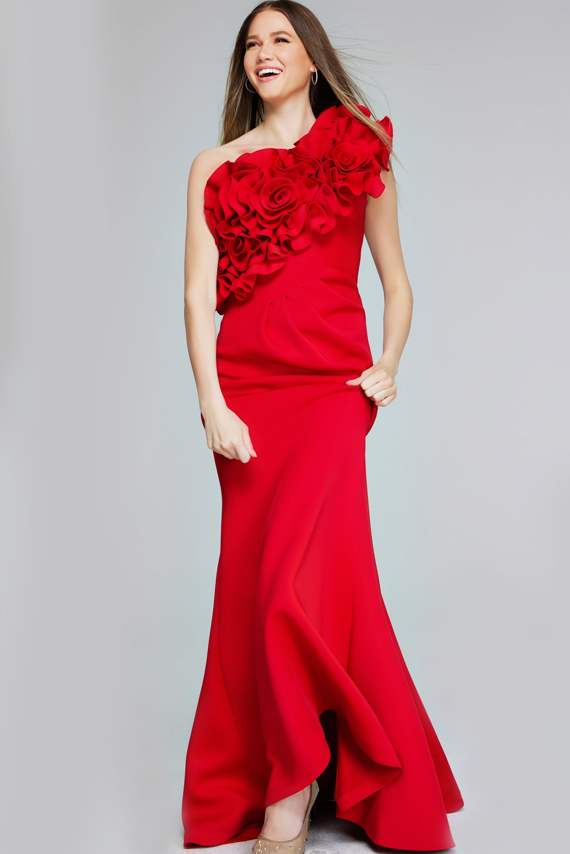 39751-RED-201.jpg Model wearing Jovani 39751 red gown with ruffled one-shoulder neckline