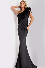 Black one shoulder mermaid dress with floral appliqué