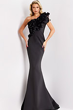 Elegant black evening gown with 3D ruffle details