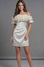 Elegant Off Shoulder Midi Dress With Layered Ruffle Neckline