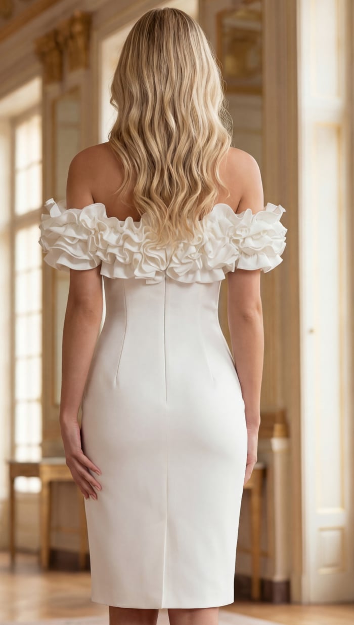 ruffle cocktail dress Short Party with Ruffled Shoulders inspired silhouette with adjustable lace Off The Shoulder Ruffle Midi