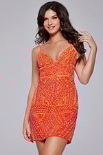 Model wearing Jovani 39790 orange mini dress with geometric beaded pattern, front view.