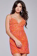 Model wearing Jovani 39790 orange mini dress with plunging neckline and intricate design, front view.