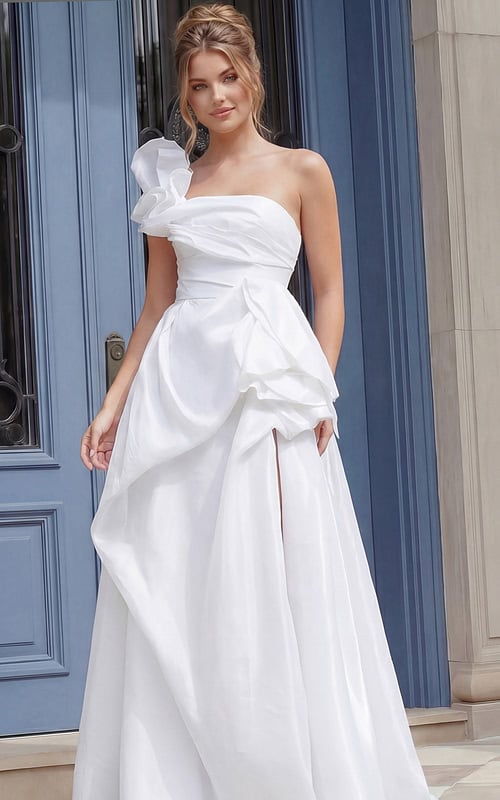 one shoulder white high slit dress 39796