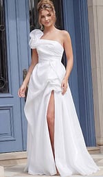 one shoulder high slit dress with rosette detail 39796