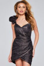 Front view of Jovani 39799 brown dress with chic sweetheart neckline and asymmetric shoulder