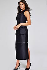 Model wearing Jovani 39801 black sleeveless dress with lapel neckline and side view.