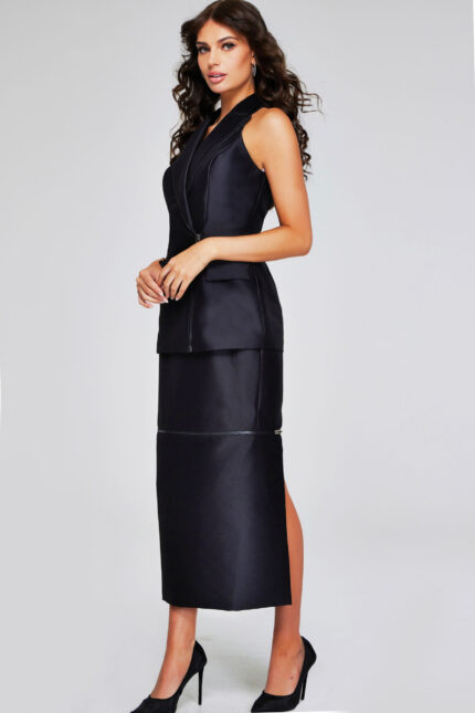 Model wearing Jovani 39801 black sleeveless dress with lapel neckline and side view.