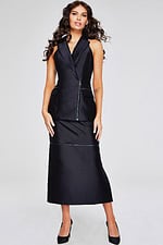Model wearing Jovani 39801 elegant black sleeveless dress from the front with zipper details.