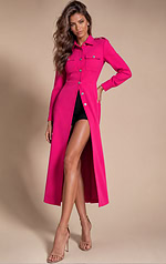 hot pink button front maxi coat dress with collar neckline, chest flap pockets, long sleeves, and high front slit