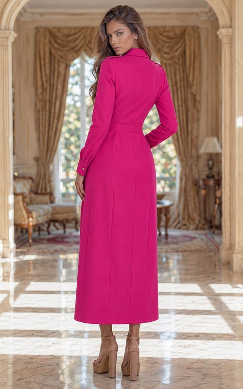 back view of hot pink button front maxi coat dress with collar neckline, chest flap pockets, long sleeves, and high front slit
