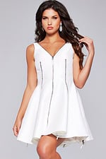 Model wearing Jovani 39821, white A-line dress featuring a V-neckline and zipper detail.