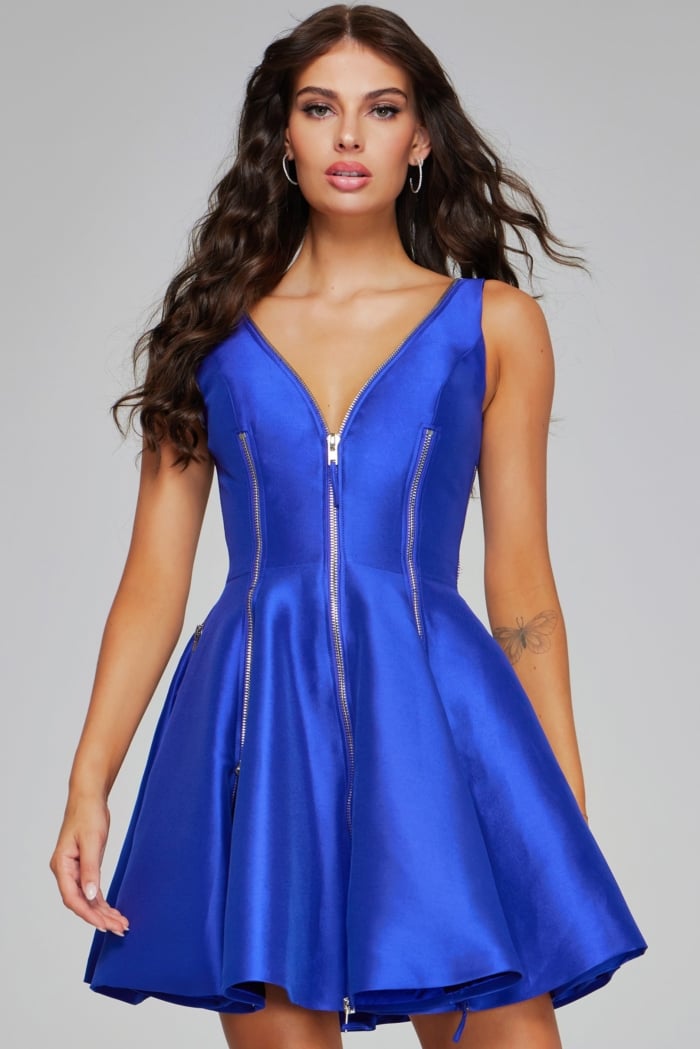 Model wearing Jovani 39821, purple A-line dress with V-neck and sleek zipper.