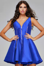 V-Neckline White Fit and Flare Dress with Zipper Details