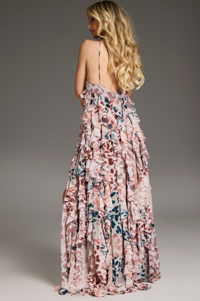 Model wearing Jovani 39822 print dress, featuring a back view with cascading ruffles.