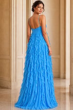 back of blue ruffled dress with spaghetti strap 39823