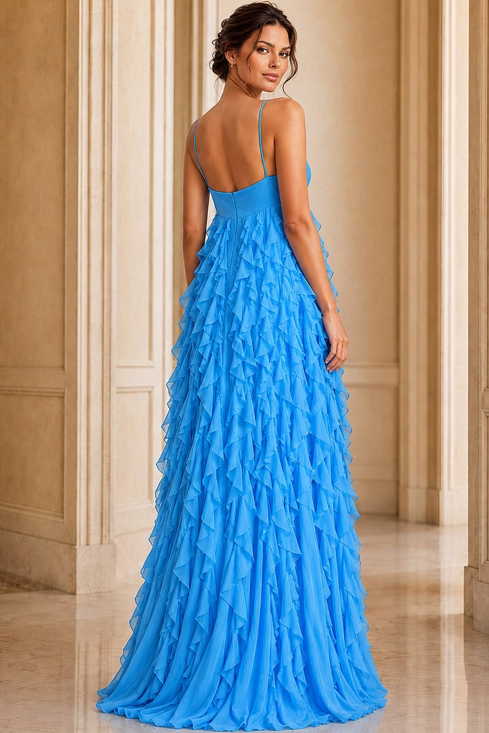back of blue ruffled dress with spaghetti strap 39823