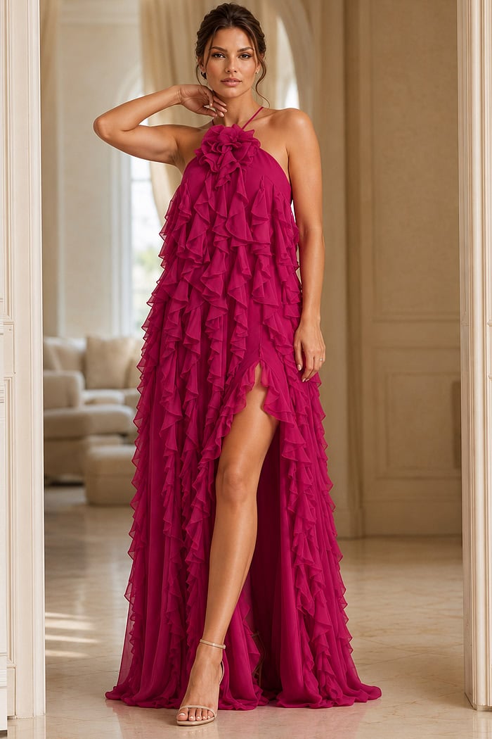 fuchsia halter neck high slit dress 39823