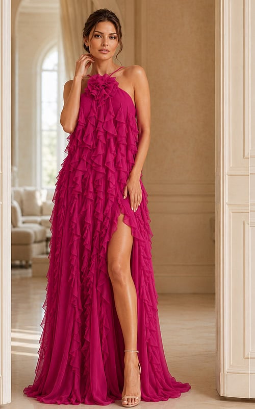 long halter neck evening dress with rosette detail on the neckline 39823