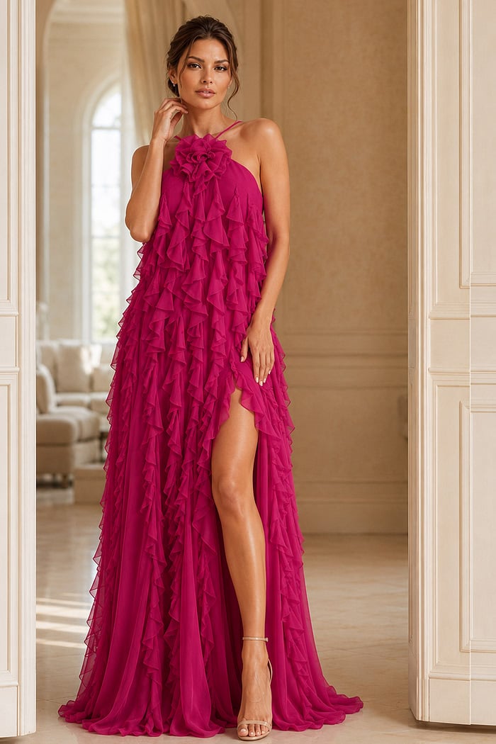 long halter neck evening dress with rosette detail on the neckline 39823