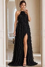 halter neckline high slit black long dress 39823