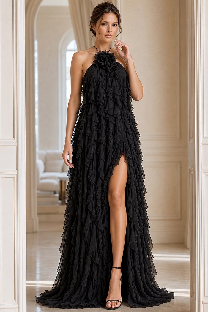 halter neckline high slit black long dress 39823