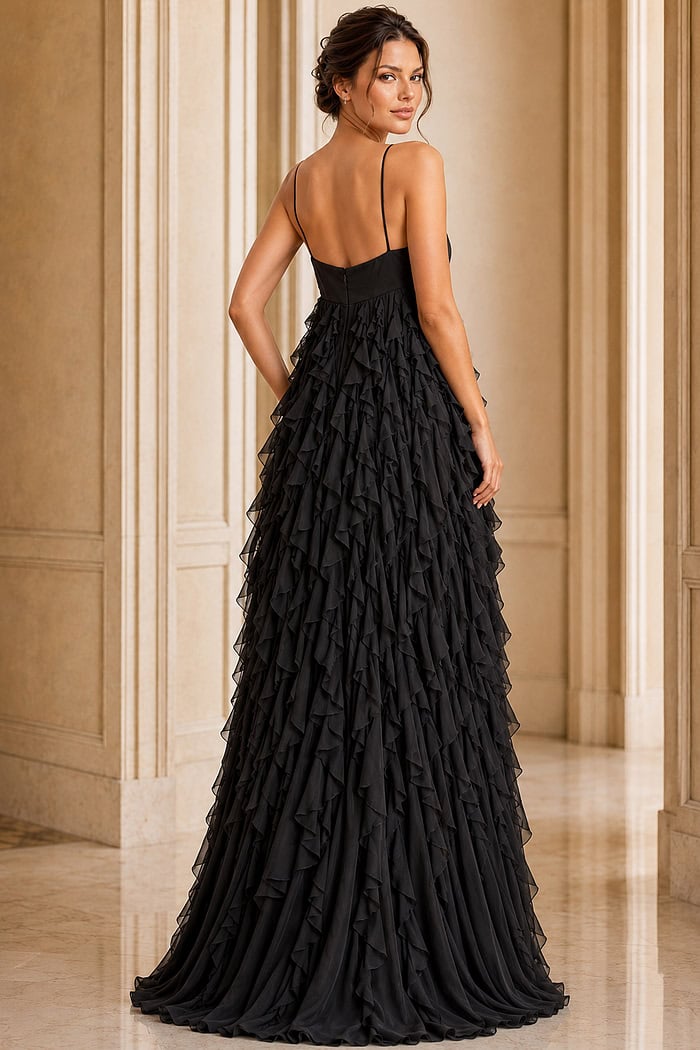 back of black fuffled dress 39823
