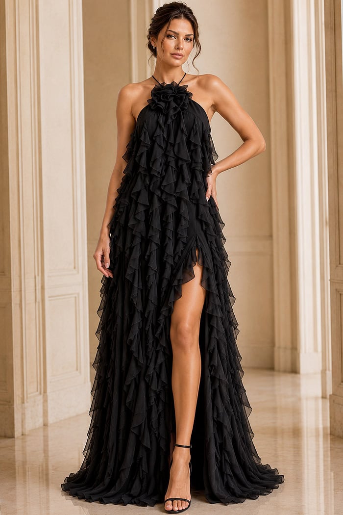 black fuffled halter neckline dress 39823