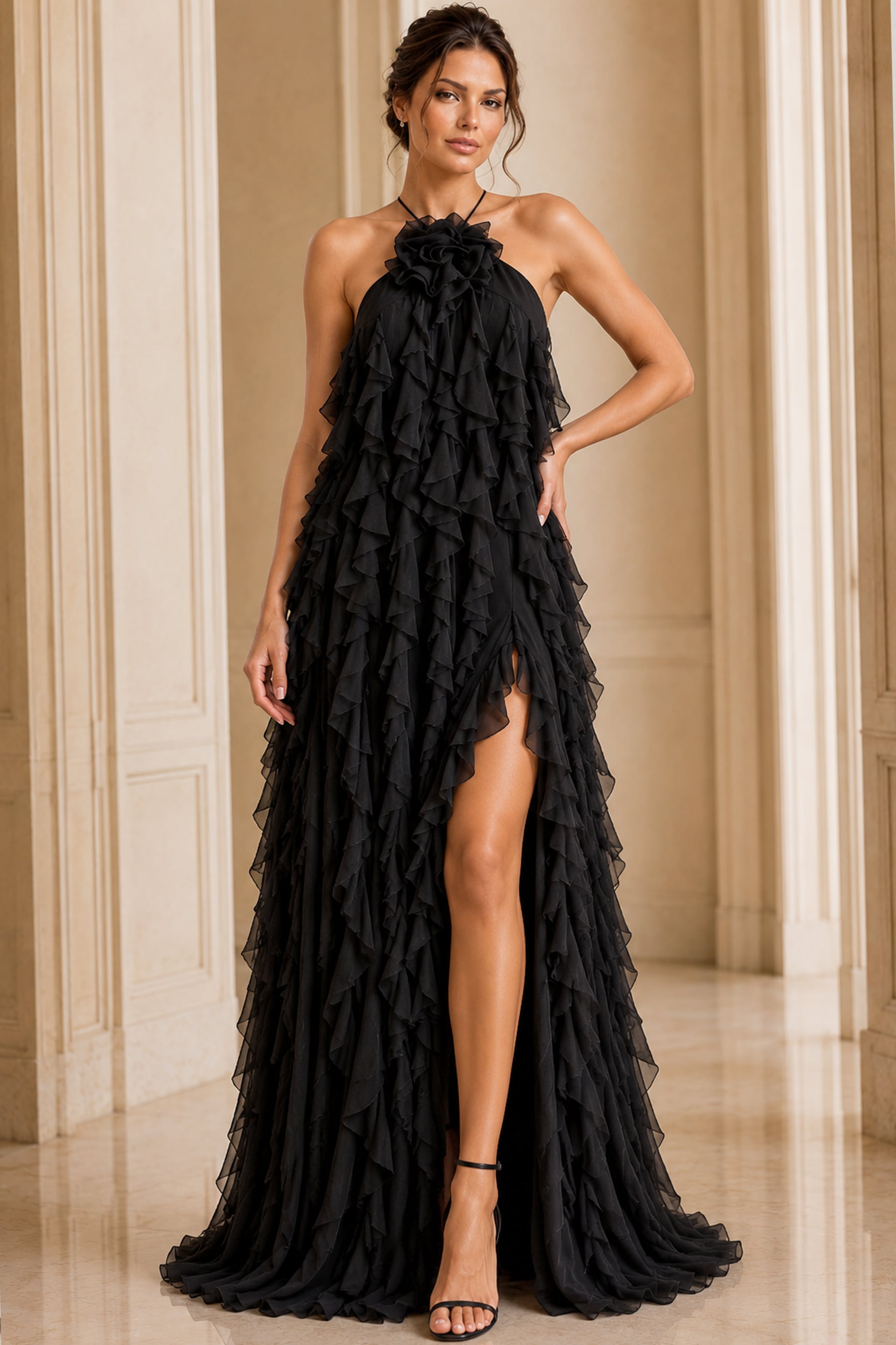 Halter Gown With Cascading Ruffle Layers 39823 | Jovani