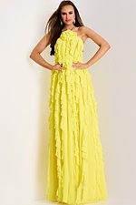 Ruffled yellow dress with high slit and soft flow