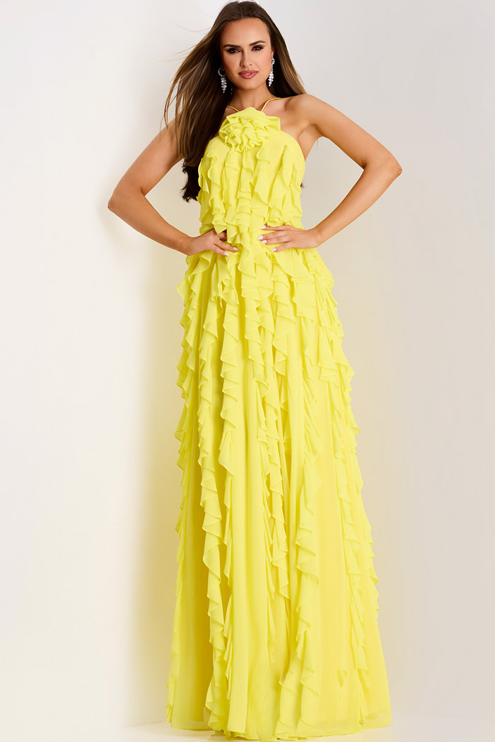 Ruffled yellow dress with high slit and soft flow