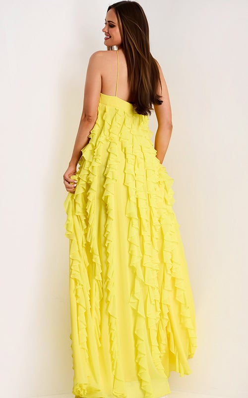 Elegant yellow gown with layered ruffles and halter neckline