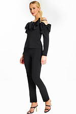 Front View of Off-Shoulder Black Pantsuit with Dramatic Bows and Slim-Fit Trousers